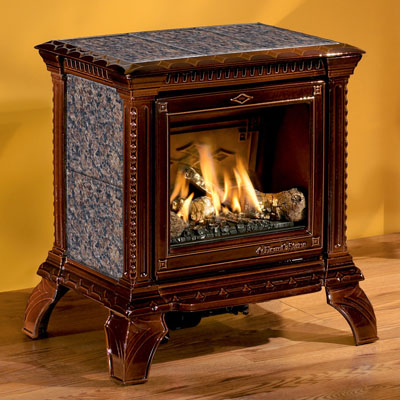 Hearthstone Tribute 8050 Soapstone Direct Vent Gas Stove In Brown Enamel With Autumn Brown Stone