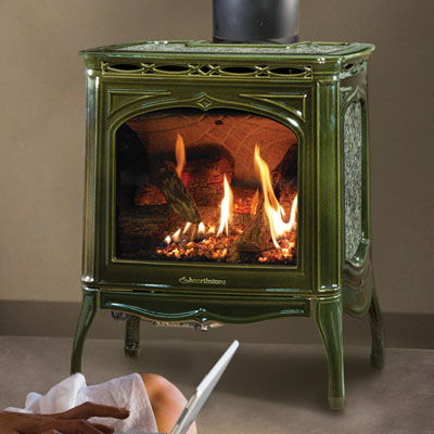 Hearthstone Tucson 8702 Gas Stove with Basil Enamel and Antique Pine Green Stone Set