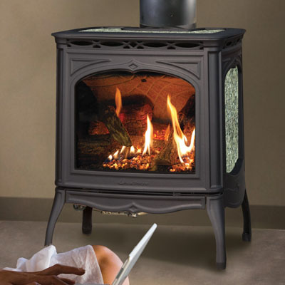 Hearthstone Tucson 8702 Soapstone Direct Vent Gas Stove In Black Matte and Antique Pine Green Stone Set