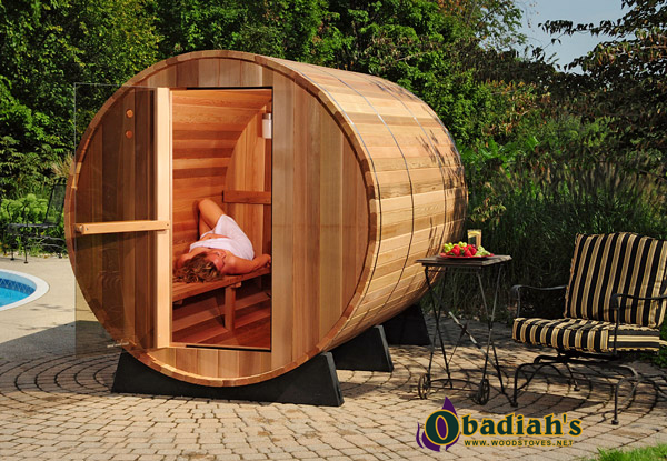 Northern Lights Outdoor Cedar Barrel Sauna by Obadiah's Woodstoves