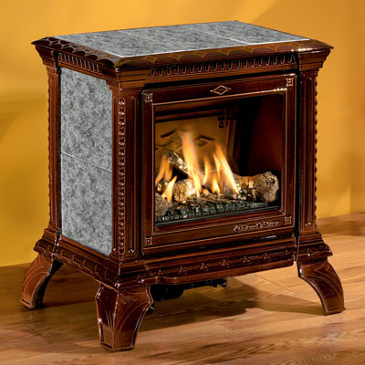 Hearthstone Tribute 8050 Soapstone Direct Vent Gas Stove In Brown Enamel With Titanium Stone