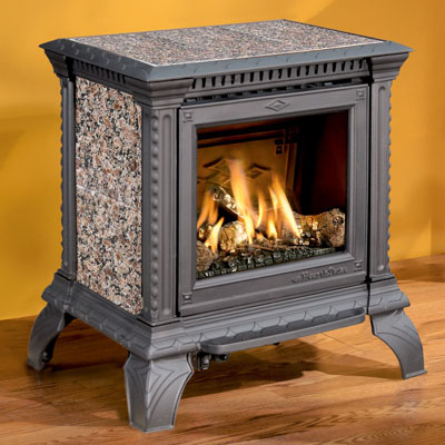 Hearthstone Tribute 8050 Soapstone Direct Vent Gas Stove In Black Matte With Autumn Brown Stone