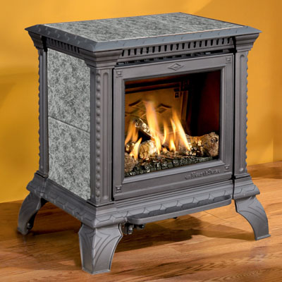 Hearthstone Tribute 8050 Soapstone Direct Vent Gas Stove In Black Matte With Titanium Pearl