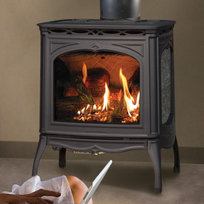 Hearthstone Tucson 8702 Soapstone Direct Vent Gas Stove In Black Matte and Kodiak Brown Stone Set