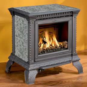 Hearthstone Tribute 8050 Soapstone Direct Vent Gas Stove In Black Matte with Titanium Pearl