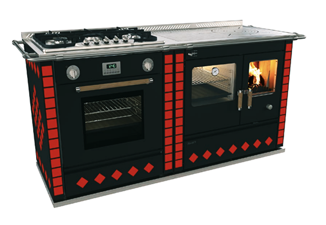 Rizzoli S90 Wood Cookstove w/ S95 Gas / Electric Cook Range in Red Dekor Black Doors 