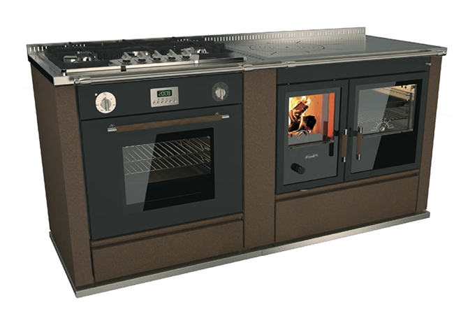 Rizzoli ST90 Hydro Wood Cookstove w/ S75 Gas Range in Bronze with Black Doors 